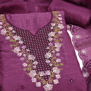 Purple Floral Embroidered Art Silk Suit Material Ideal for Festive and Celebration Looks