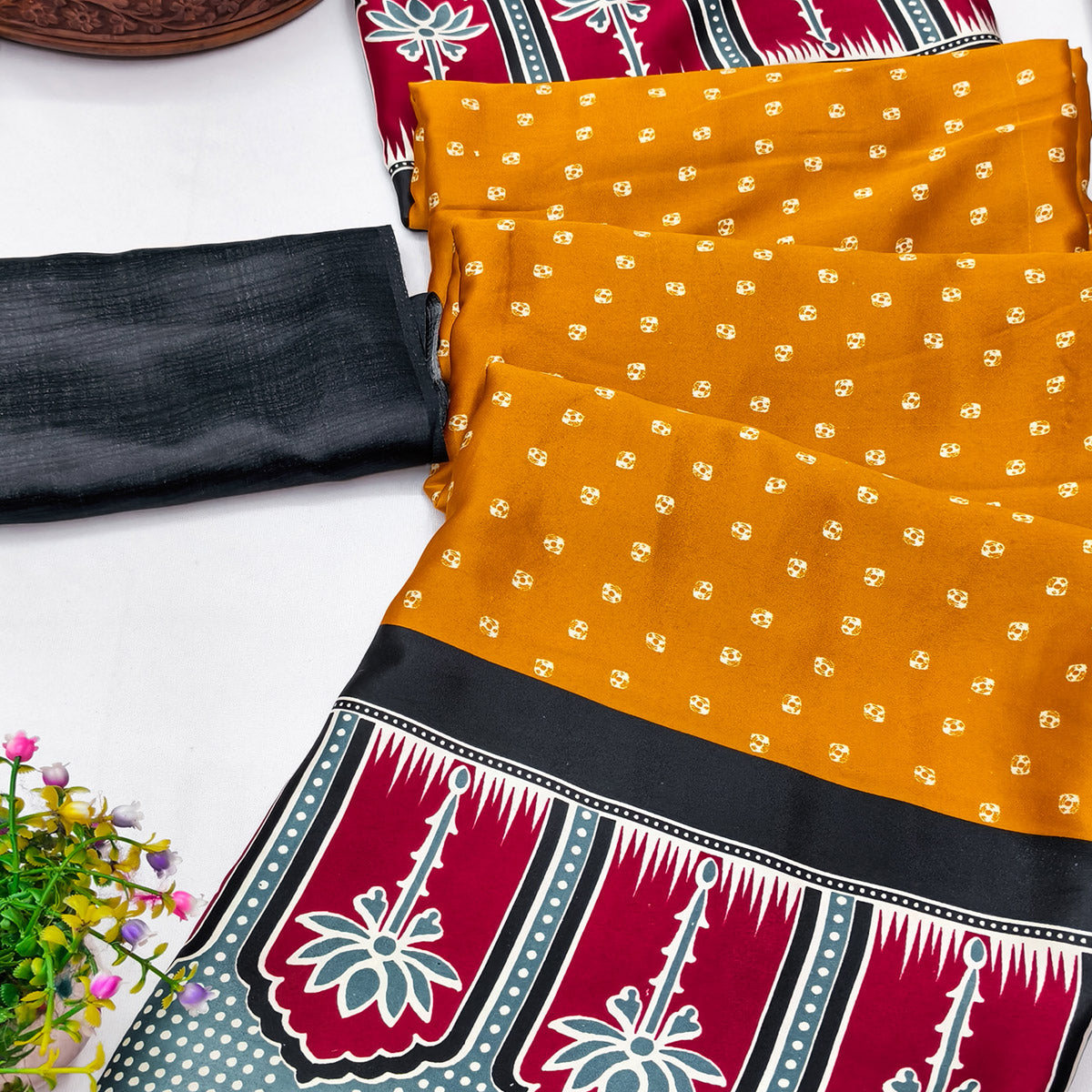 Classic Mustard Crepe Silk Saree Enhanced with Bandhani Work for Timeless Appeal