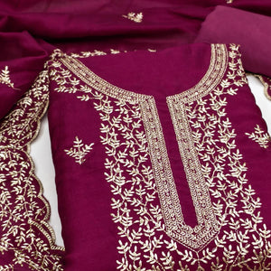 Elegant Dark Rani Pink Zari Embroidery & Sequins Embellished Vichitra Silk Dress Material