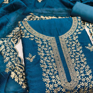 Elegant Morpich Blue Zari Embroidery & Sequins Embellished Vichitra Silk Dress Material