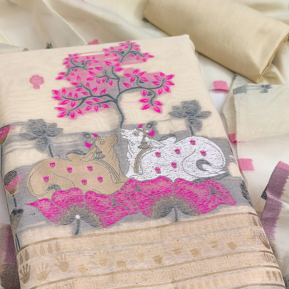 Premium Cream Chanderi Silk Weaving Dress Material With Artistic Floral & Animal Motifs