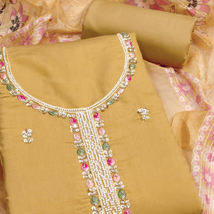 Mustard Embroidered Chanderi Silk Unstitched Dress Material with Delicate Beads Work
