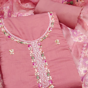 Rose Pink Embroidered Chanderi Silk Unstitched Dress Material with Delicate Beads Work