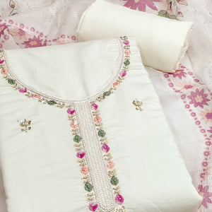 White Embroidered Chanderi Silk Unstitched Dress Material with Delicate Beads Work