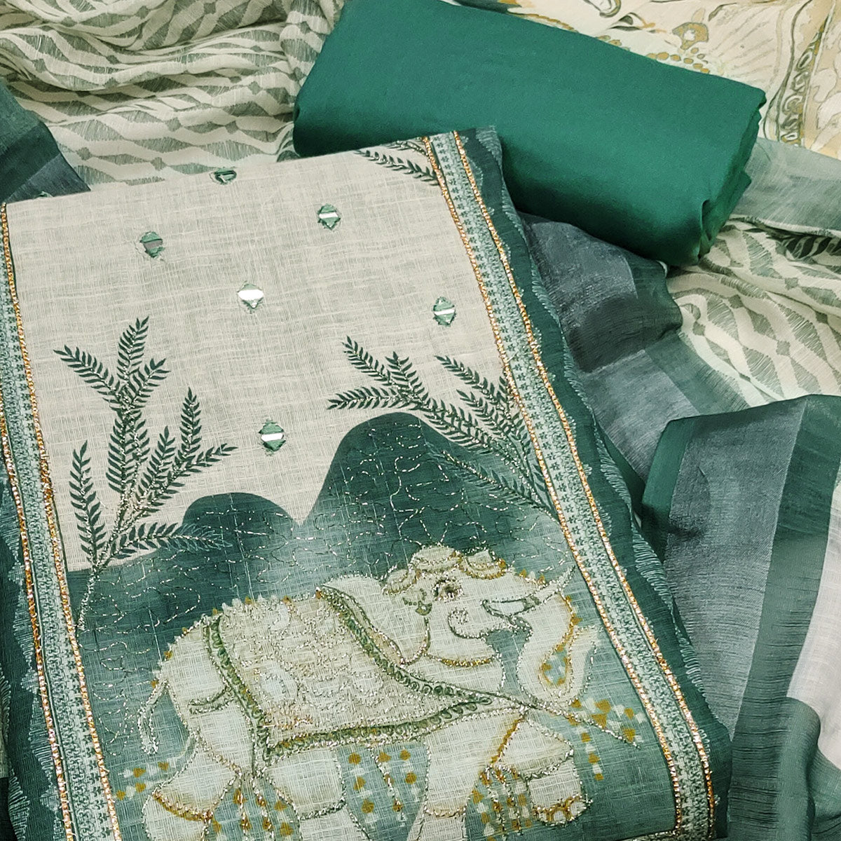 Rama Green Premium Woven Linen Dress Material for Comfortable Styling