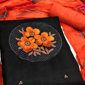 Black Designer Viscose Dress Material Featuring Intricate Floral Embroidered Detailing