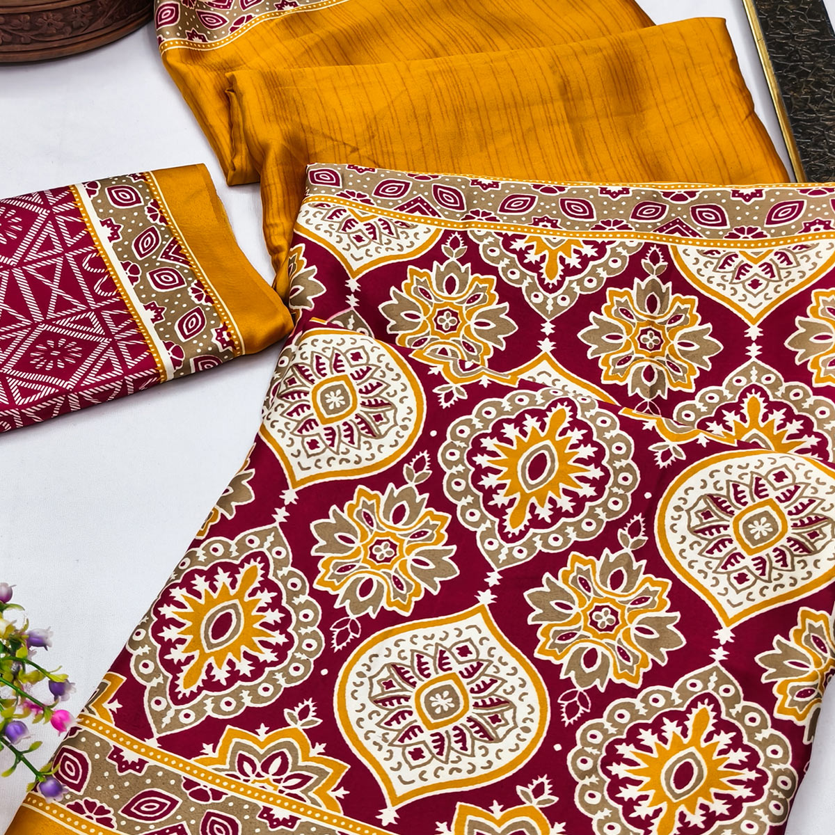 Mustard Premium Crepe Silk Lightweight Saree Adorned with Classic Ajrakh Patterns