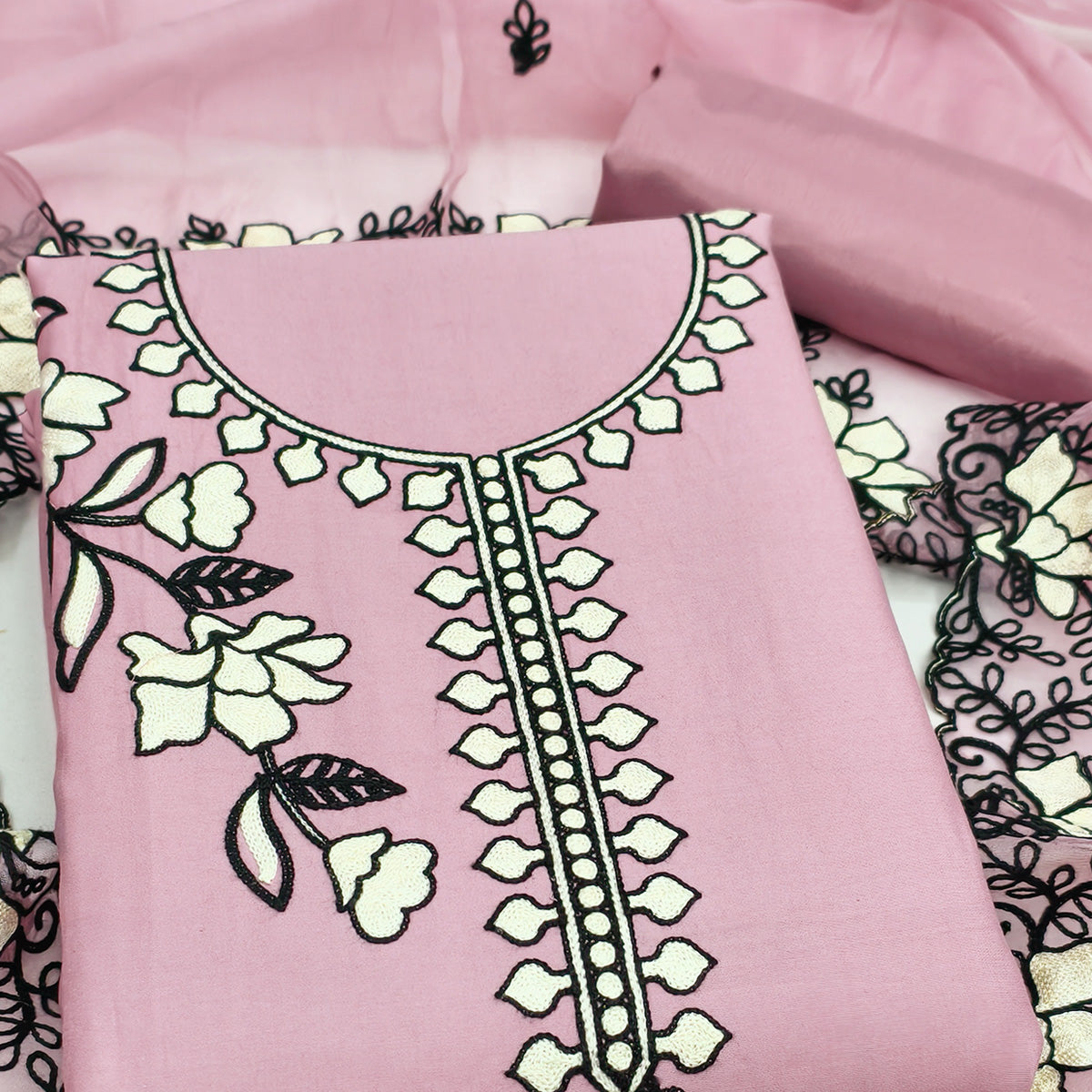 Graceful Onion Pink Floral Viscose Dress Material Enhanced With Intricate Thread Embroidery Work