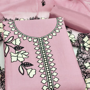 Graceful Onion Pink Floral Viscose Dress Material Enhanced With Intricate Thread Embroidery Work
