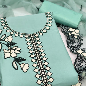 Graceful Turquoise Floral Viscose Dress Material Enhanced With Intricate Thread Embroidery Work