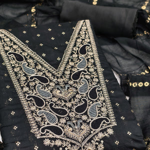 Black Weaving Chanderi Silk Dress Material Adorned With Cording Embroidery & Sequins Work
