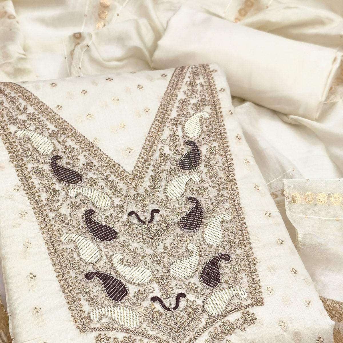 Cream Weaving Chanderi Silk Dress Material Adorned With Cording Embroidery & Sequins Work