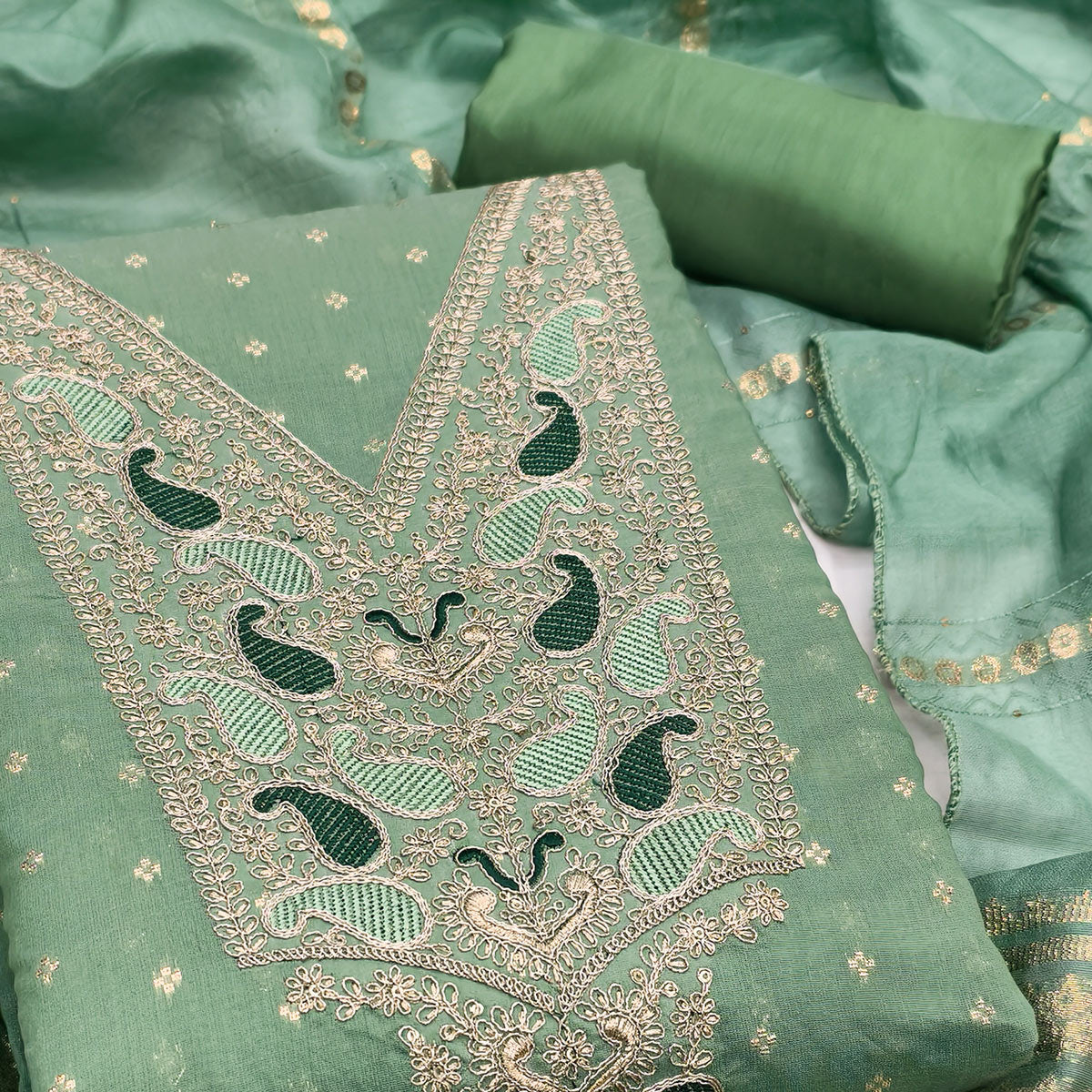 Green Weaving Chanderi Silk Dress Material Adorned With Cording Embroidery & Sequins Work
