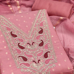 Peach Weaving Chanderi Silk Dress Material Adorned With Cording Embroidery & Sequins Work