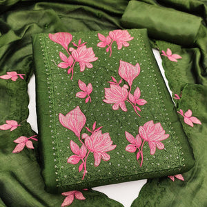 Green Floral Embroidered Vichitra Silk Dress Material for Elegant Ethnic Styling