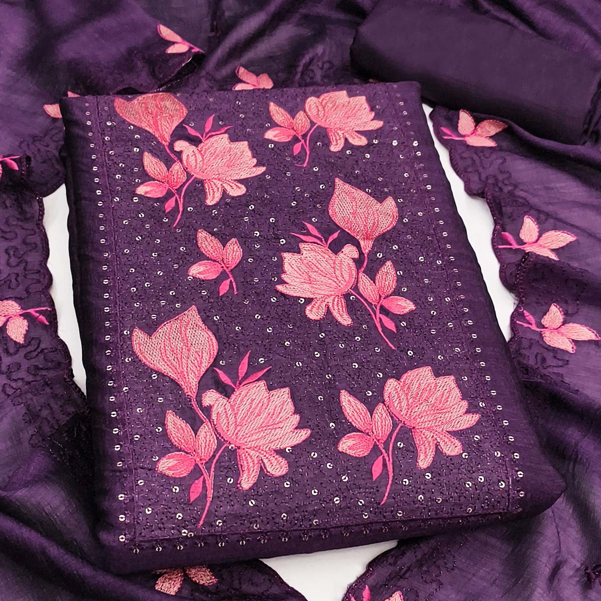 Purple Floral Embroidered Vichitra Silk Dress Material for Elegant Ethnic Styling