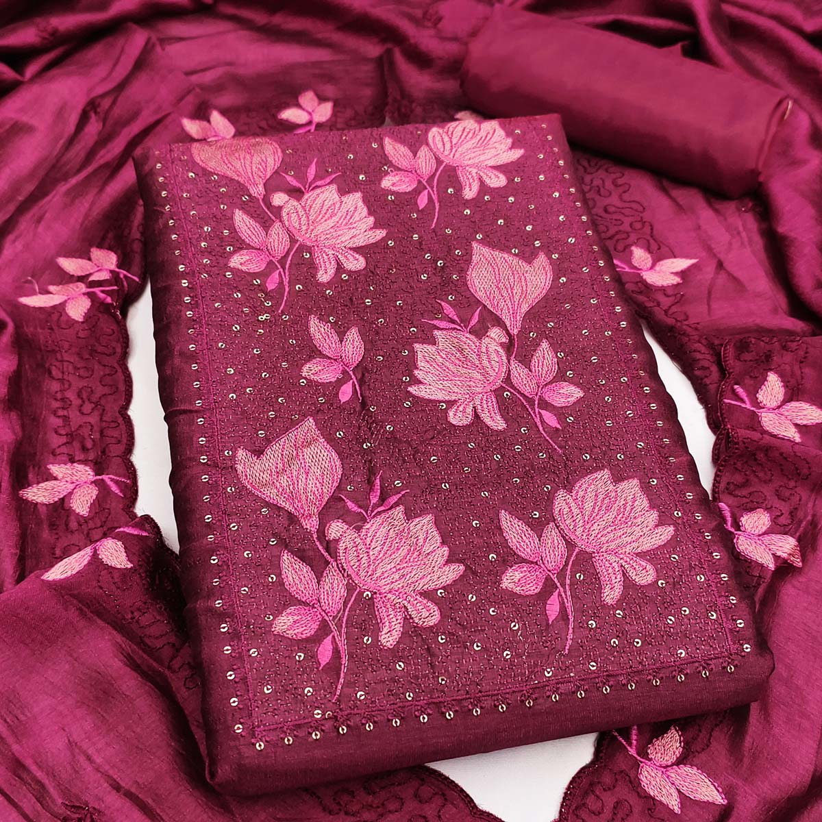 Wine Floral Embroidered Vichitra Silk Dress Material for Elegant Ethnic Styling