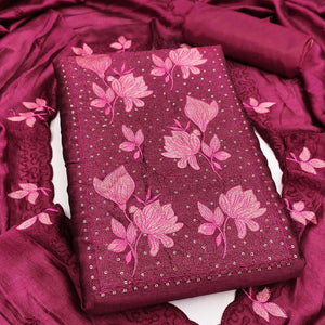 Wine Floral Embroidered Vichitra Silk Dress Material for Elegant Ethnic Styling