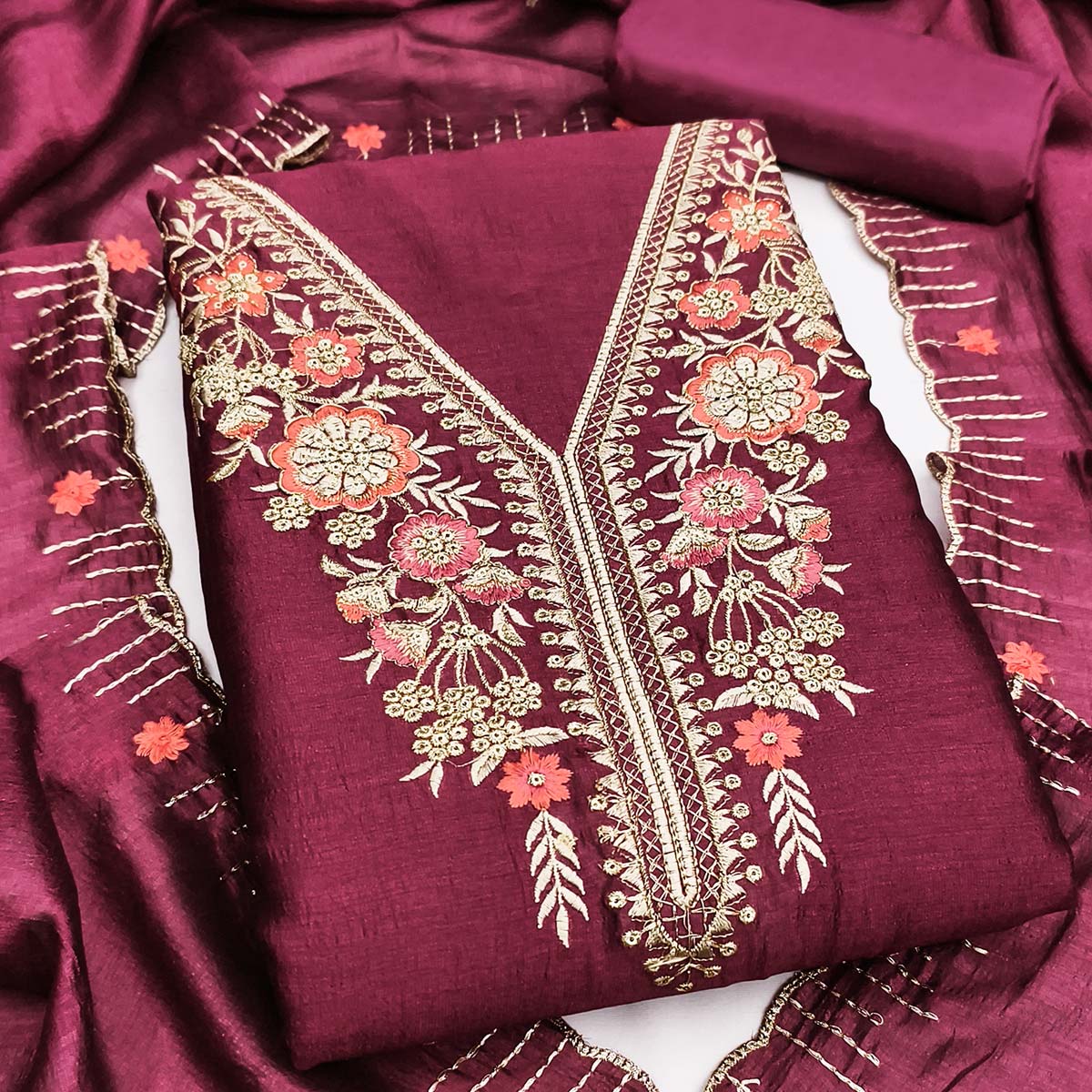 Wine Premium Vichitra Silk Dress Material Featuring Delicate Floral Embroidered Detailing