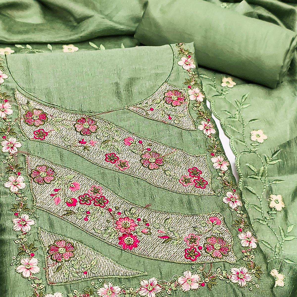 Green Embellished Vichitra Silk Dress Material with Graceful Floral Embroidery Work