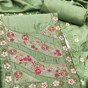 Green Embellished Vichitra Silk Dress Material with Graceful Floral Embroidery Work