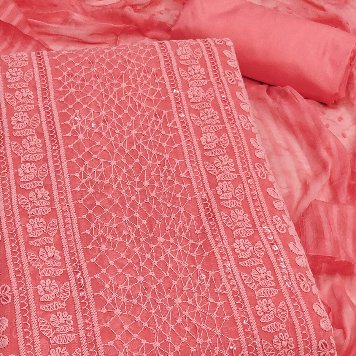 Elegant Coral Pink Floral Embroidered Georgette Dress Material With Delicate Sequins Accents