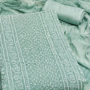 Elegant Dusty Turquoise Floral Embroidered Georgette Dress Material With Delicate Sequins Accents