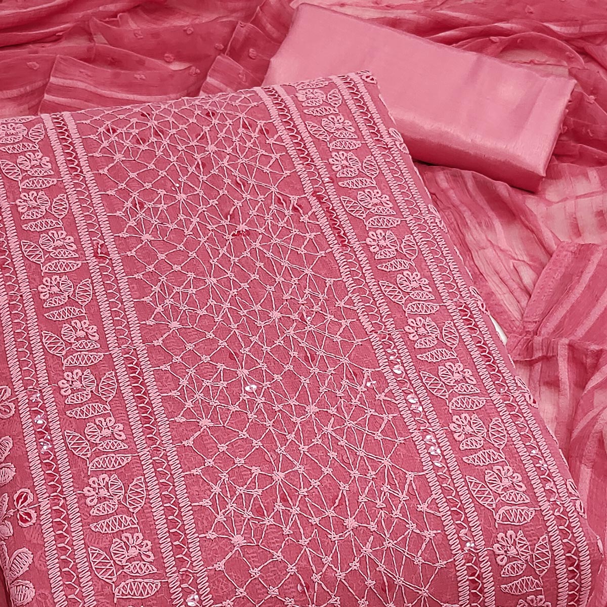 Elegant Gajari Pink Floral Embroidered Georgette Dress Material With Delicate Sequins Accents
