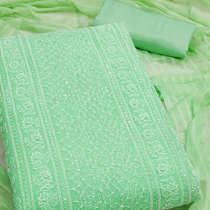 Elegant Green Floral Embroidered Georgette Dress Material With Delicate Sequins Accents