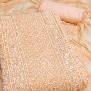 Elegant Light Peach Floral Embroidered Georgette Dress Material With Delicate Sequins Accents