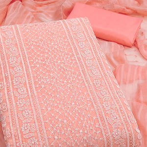 Elegant Peach Floral Embroidered Georgette Dress Material With Delicate Sequins Accents