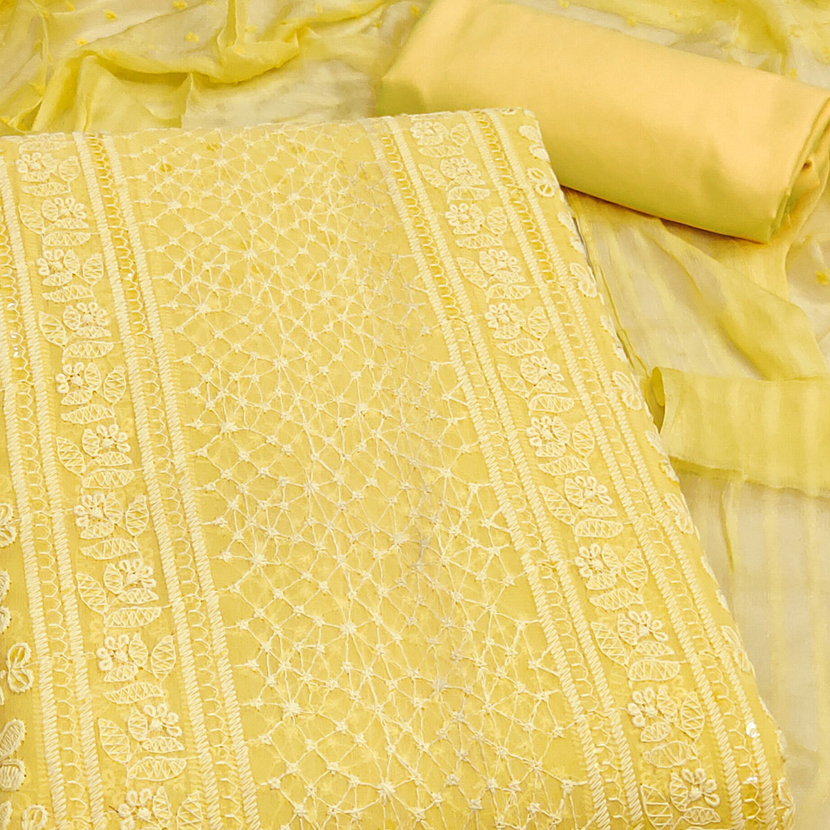 Elegant Yellow Floral Embroidered Georgette Dress Material With Delicate Sequins Accents