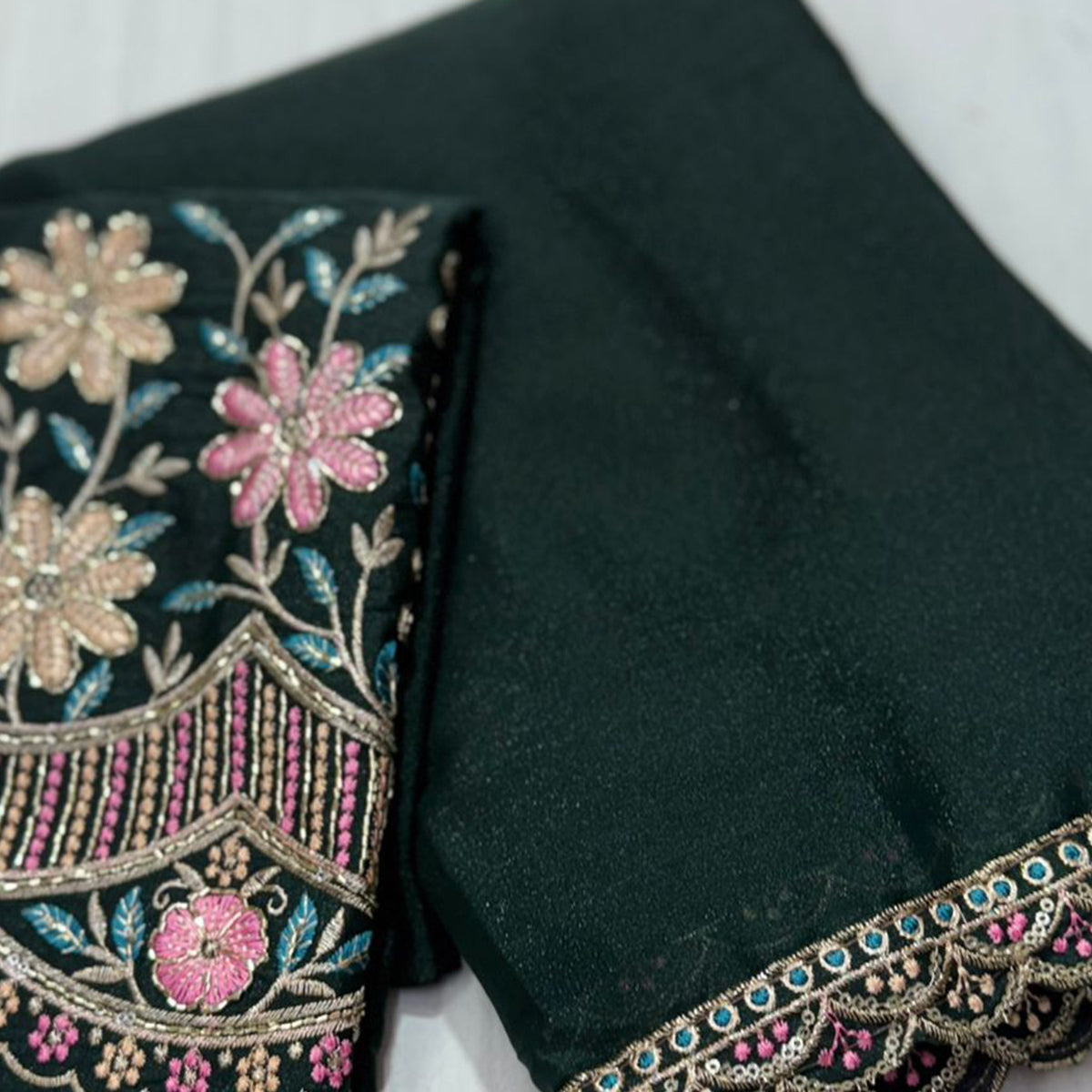 Bottle Green Solid Georgette Saree With Embroidered Blouse Piece And Embroidered Border