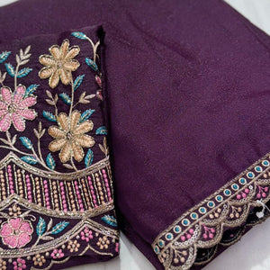 Purple Solid Georgette Saree With Embroidered Blouse Piece And Embroidered Border