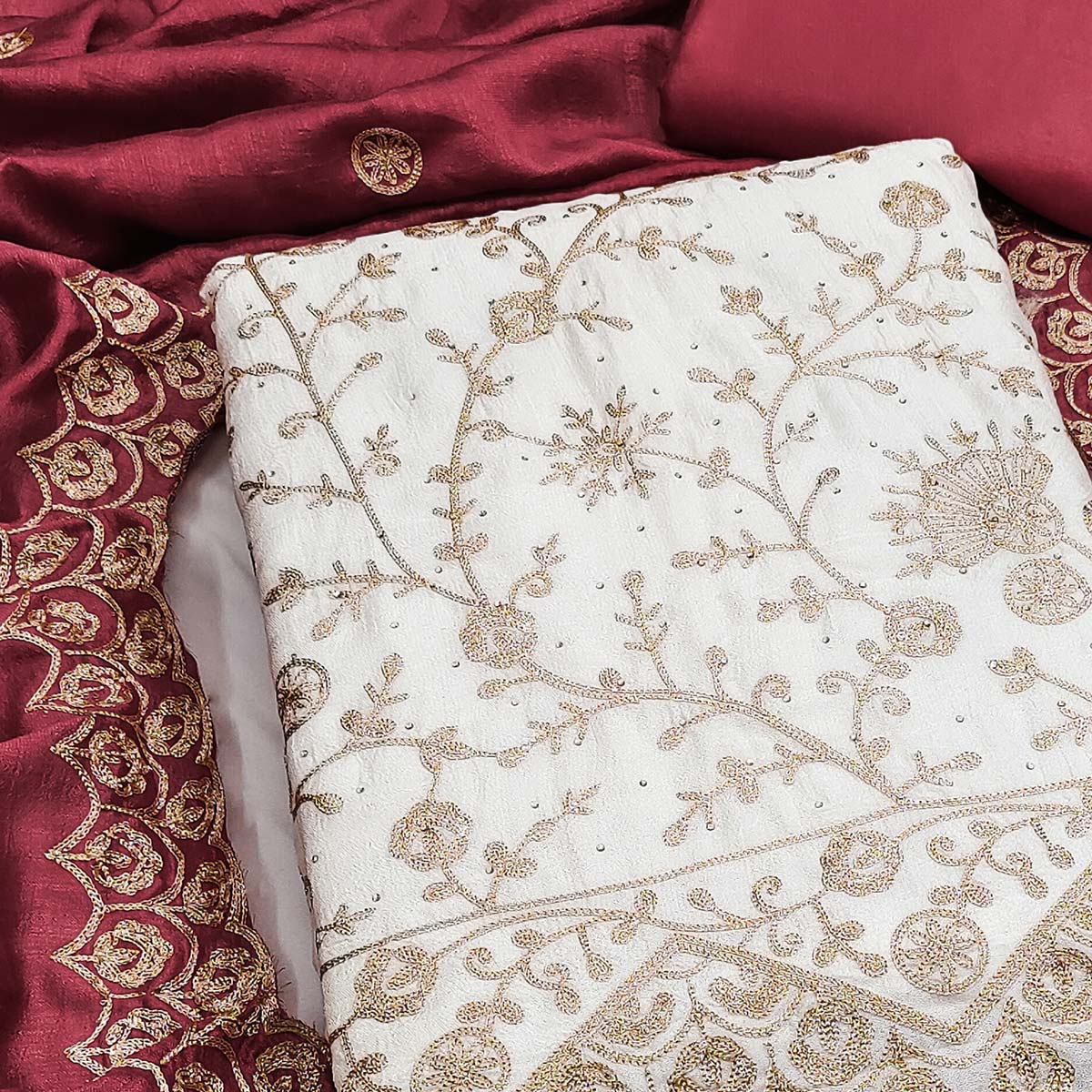 Off White Maroon Thread Motifs Vichitra Silk Unstitched Salwar Material