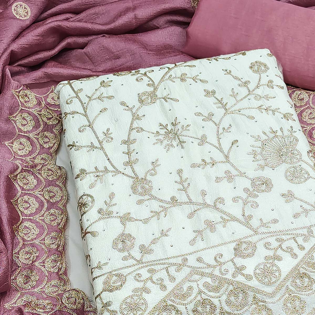 Off White Pink Thread Motifs Vichitra Silk Unstitched Salwar Material