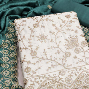 Off White Teal Thread Motifs Vichitra Silk Unstitched Salwar Material