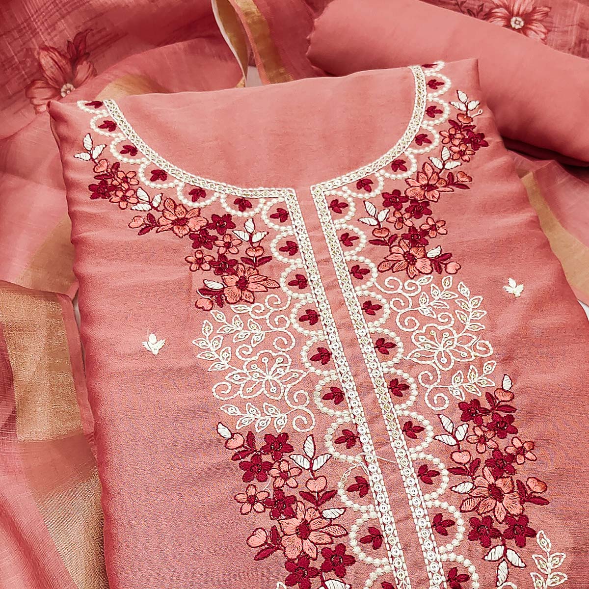 Elegant Peach Floral Thread Embroidered Art Silk Dress Material Adorned With Shimmering Sequins