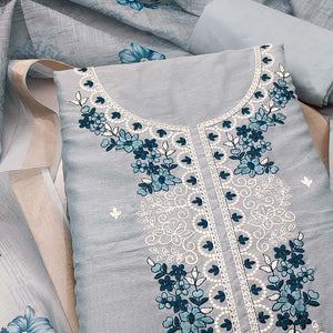 Elegant Sky Blue Floral Thread Embroidered Art Silk Dress Material Adorned With Shimmering Sequins