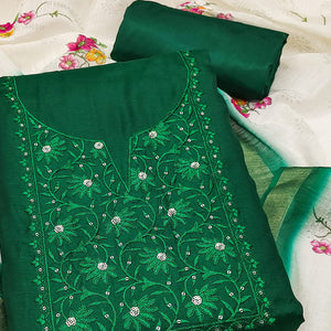 Elegant Green Floral Thread Embroidered Tussar Silk Dress Material Adorned with Sequins Work