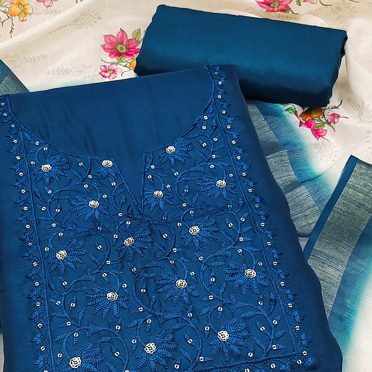 Elegant Morpich Blue Floral Thread Embroidered Tussar Silk Dress Material Adorned with Sequins Work