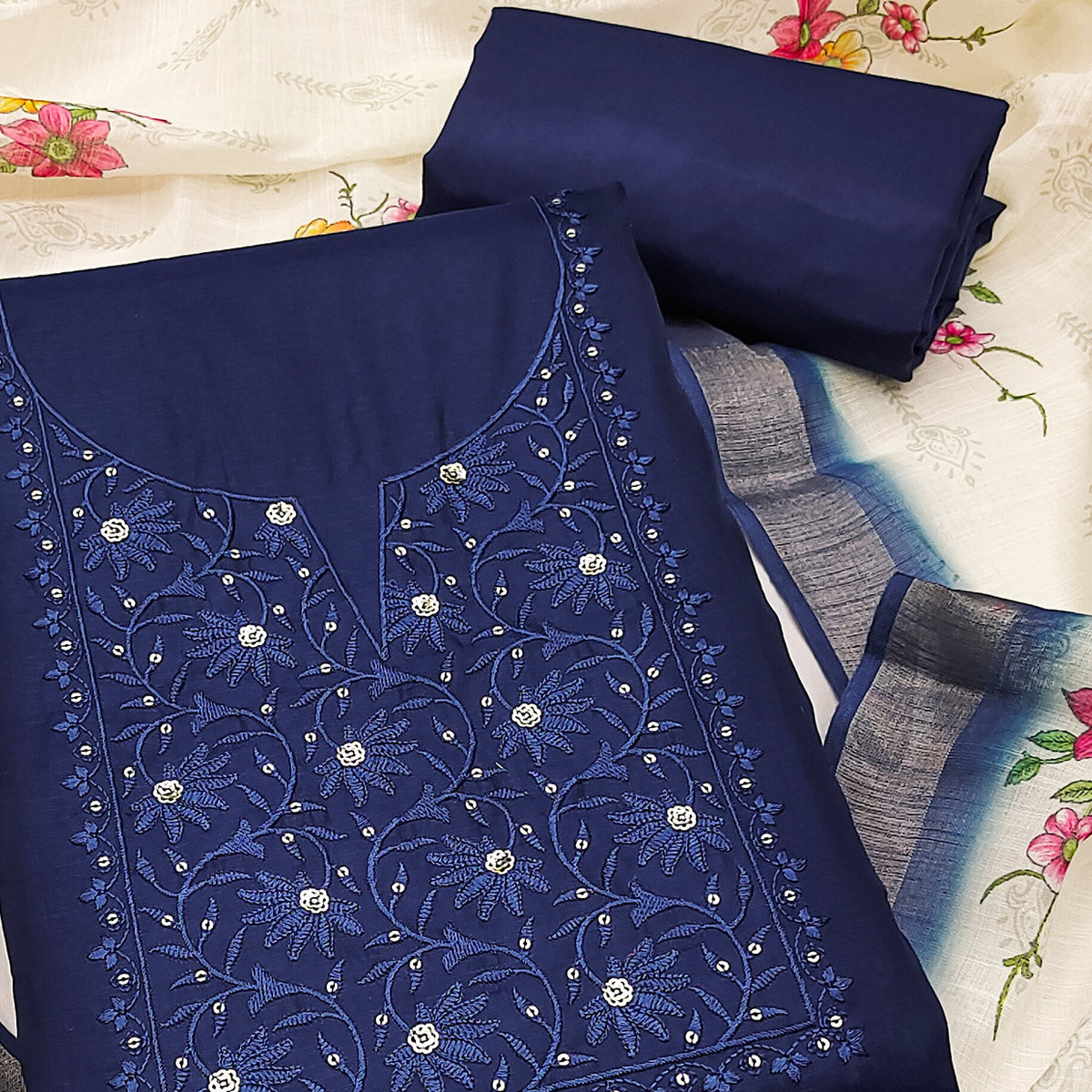 Elegant Navy Blue Floral Thread Embroidered Tussar Silk Dress Material Adorned with Sequins Work