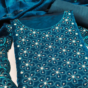 Charming Morpich Blue Floral Embroidery Organza Satin Silk Dress Material With Sequins Work