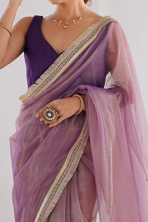 Purple Solid Pattern Net Saree with Refined Lace Work for Parties