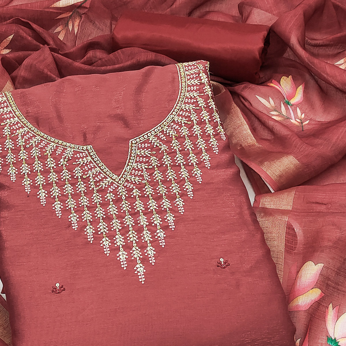 Festive Maroon Floral Embroidered Art Silk Dress Material with Fine Thread Work