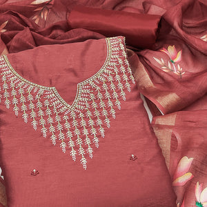 Festive Maroon Floral Embroidered Art Silk Dress Material with Fine Thread Work