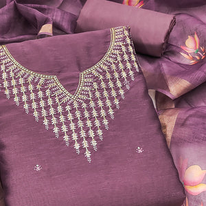 Festive Mauve Floral Embroidered Art Silk Dress Material with Fine Thread Work