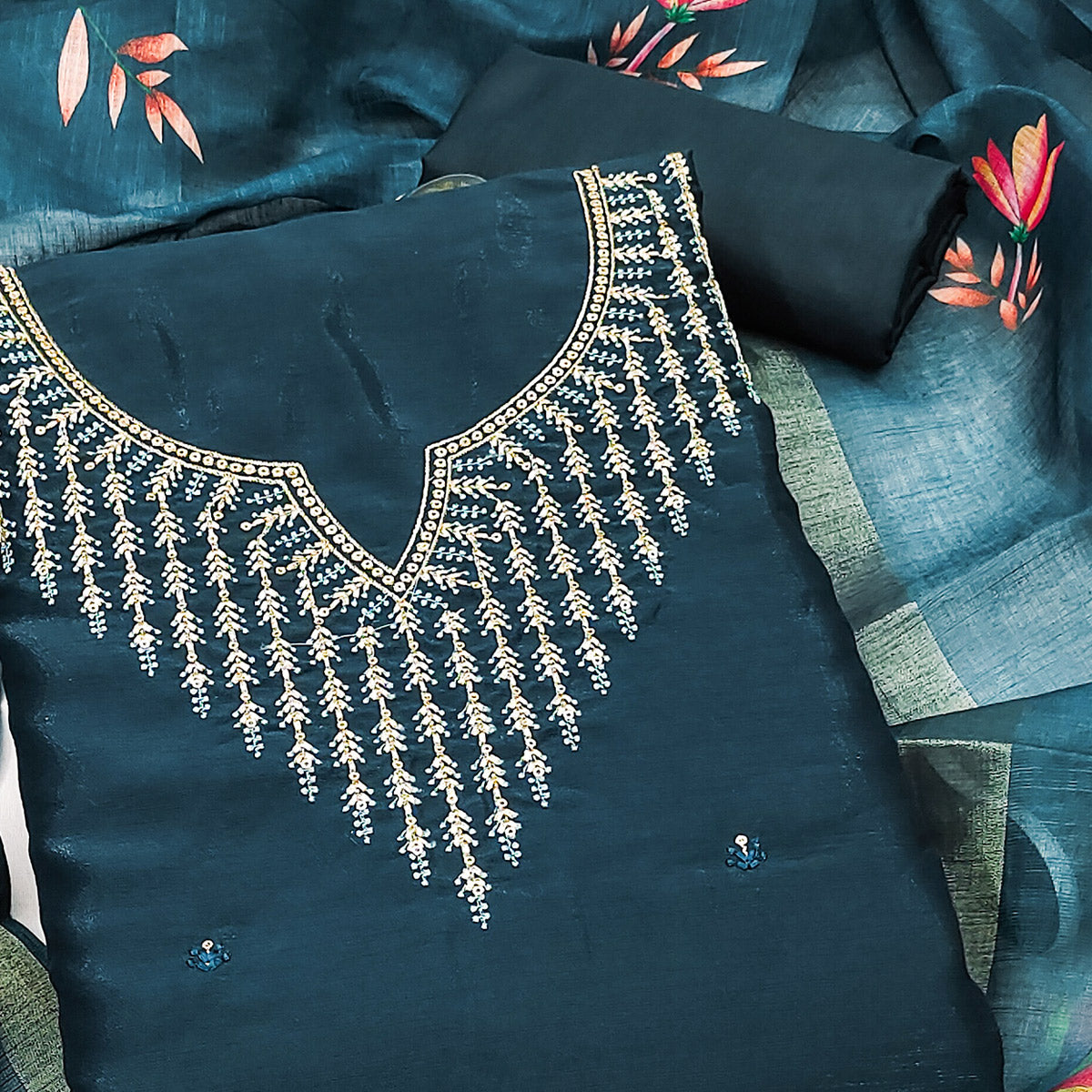 Festive Teal Floral Embroidered Art Silk Dress Material with Fine Thread Work