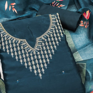 Festive Teal Floral Embroidered Art Silk Dress Material with Fine Thread Work