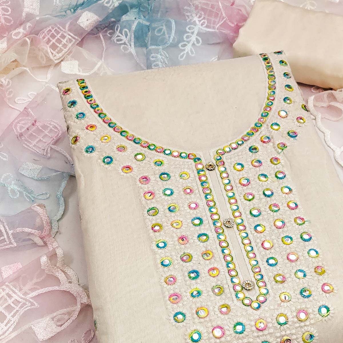 Off White Designer Chanderi Dress Material with Intricate Thread Embroidery Detailing